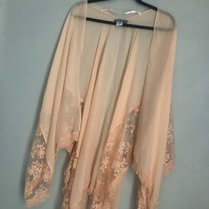NWOT coral peachy lace fringe cover up kimono One Size Small Medium Large top